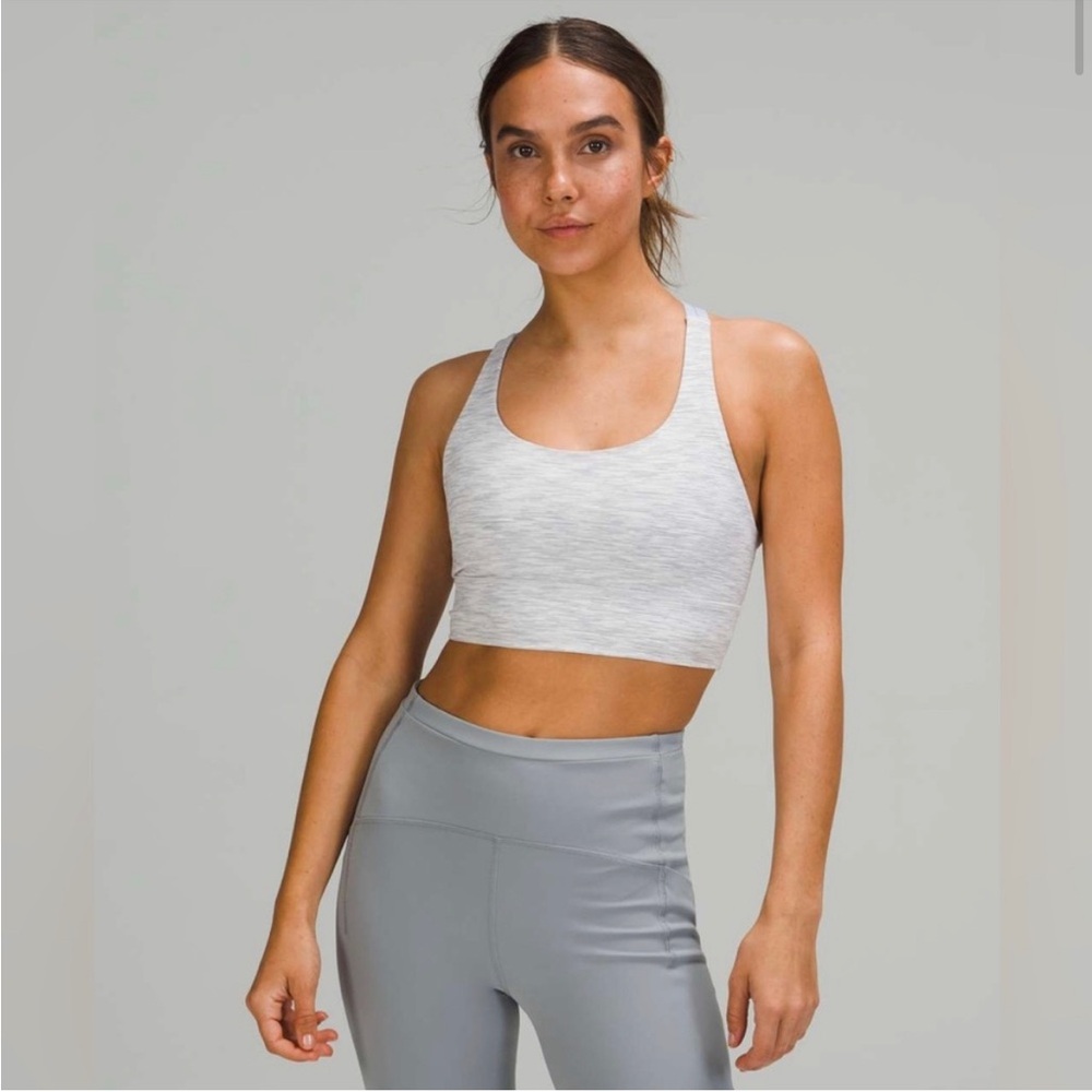 Lululemon longline energy bra Sz 4 grey stripe w ice blue straps